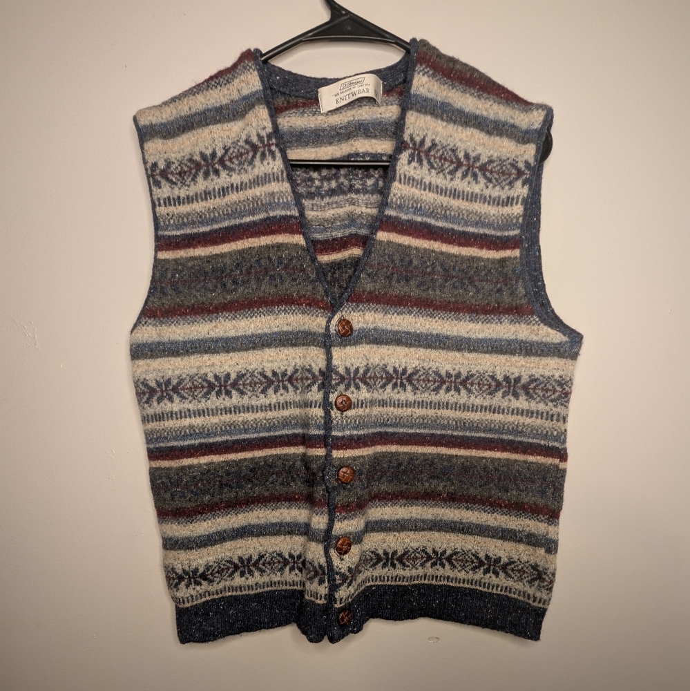VTG 90 St. Bernard Striped Knit Button-Up Vest Size M